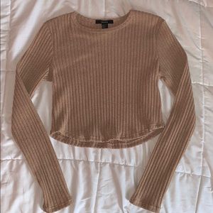 tan ribbed cropped long sleeve shirt